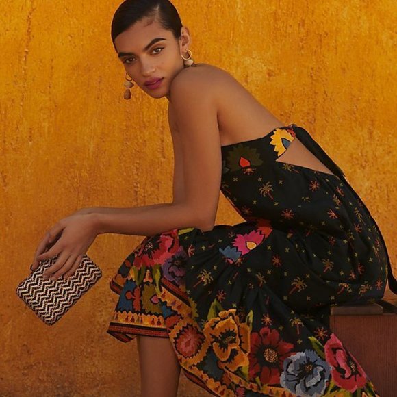 Farm Rio Anthropologie L NWT Embroidered Maxi Dress Black Embroidery 260$ Large - Picture 6 of 13